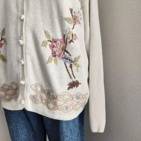 Vintage Bottega Verde Floral Embroidered Knit Cardigan Natural Fiber L - Picture 4 of 15